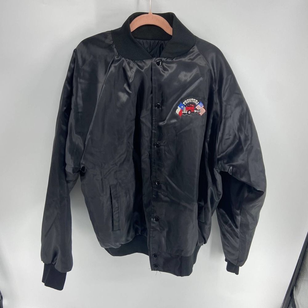Vintage black full button jacket embroidered tractor trailer tx us flag mens XL